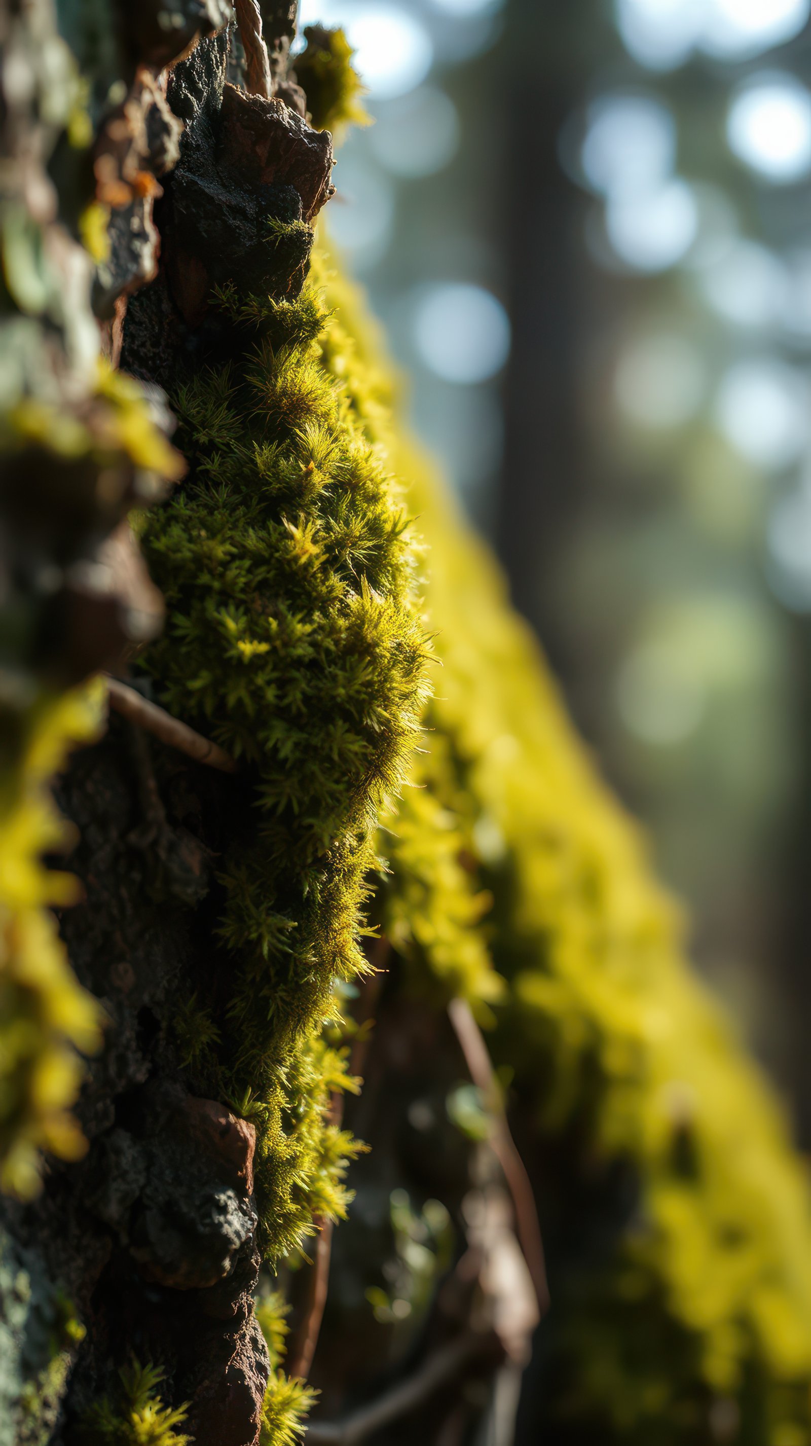 Lush green moss covers textured bark in a serene forest during the golden hour of late afternoon sunlight